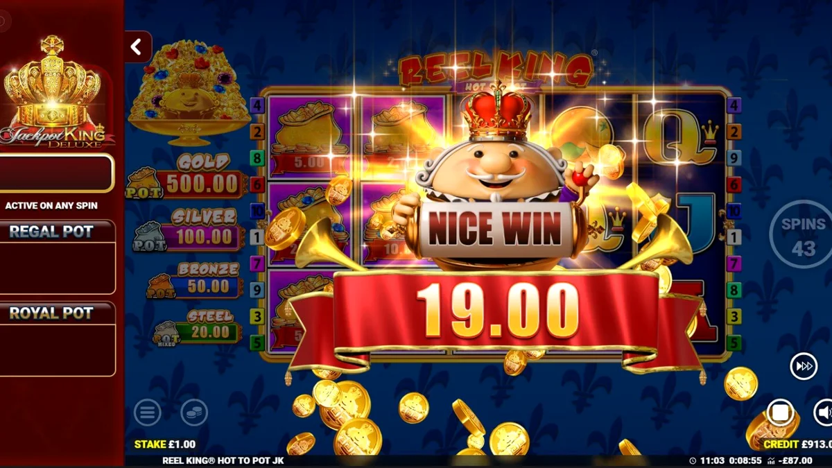 Tampilan visual slot Reel King Hot to Pot dengan nuansa emas dan simbol buah klasik