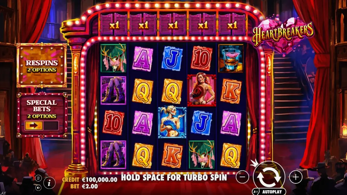 Tampilan visual slot Heartbreakers dengan nuansa burlesque dan Western yang glamor